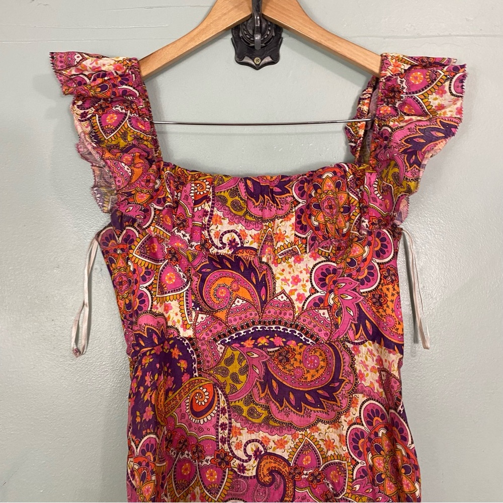 Zimmermann Fiesta Ruffle Midi Dress Size 8 Paisley Floral Linen Purple Pink - Picture 3 of 9